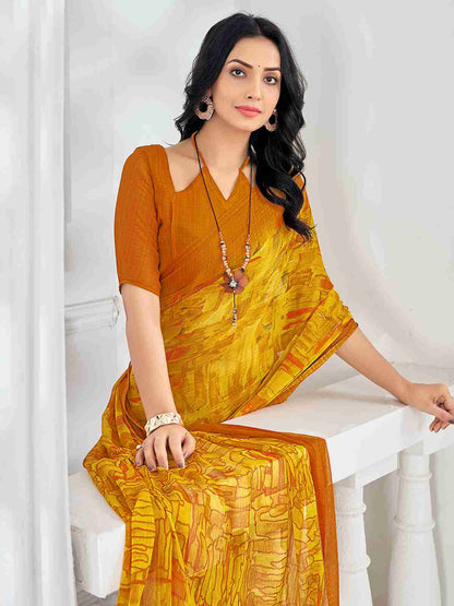 Yellow Chiffon Printed Saree