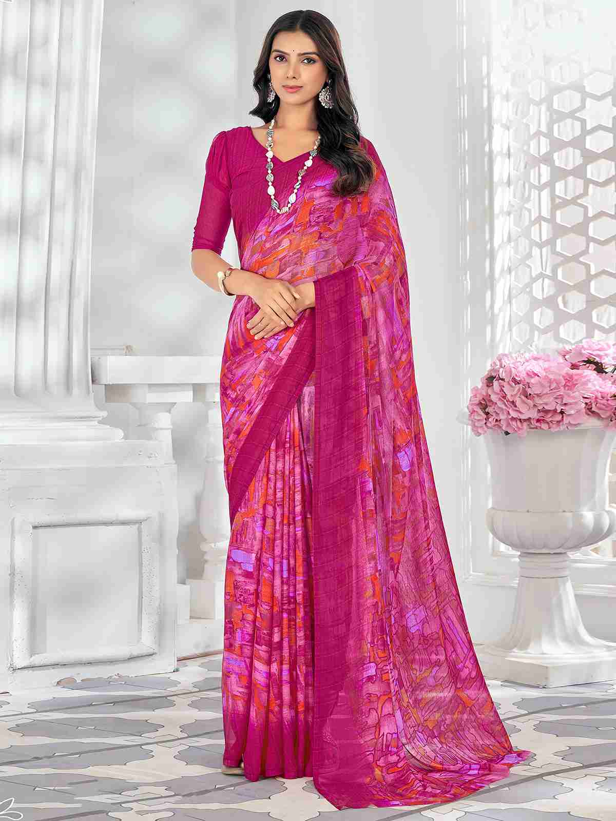 Magenta Chiffon Printed Saree