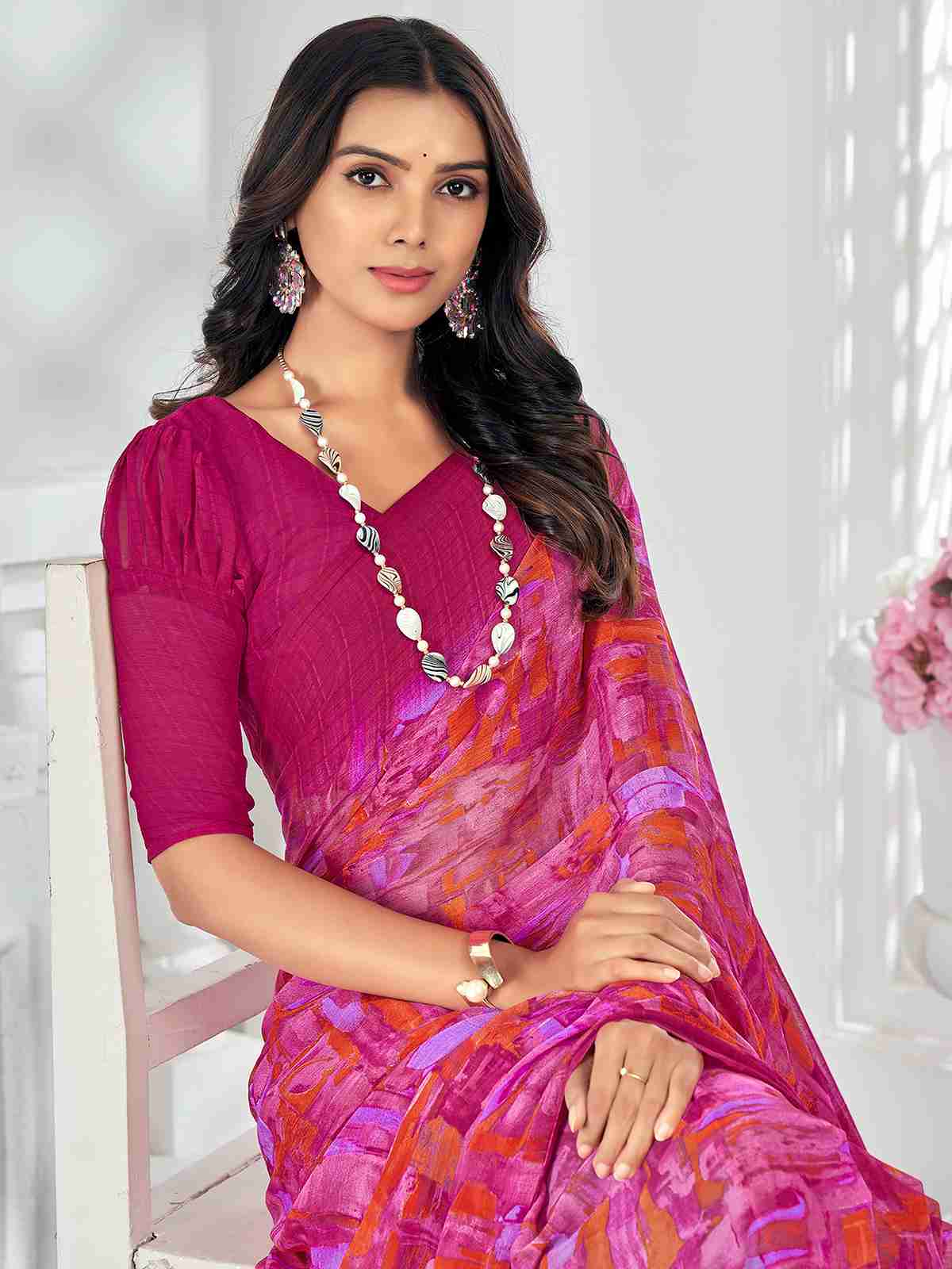 Magenta Chiffon Printed Saree