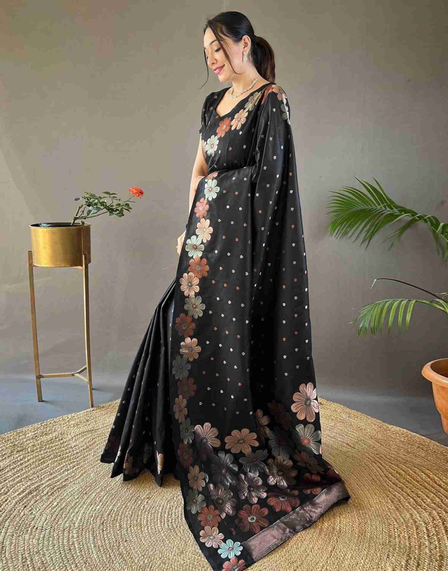 Black Floral Silk Woven Saree