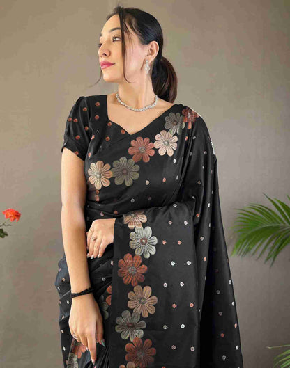 Black Floral Silk Woven Saree