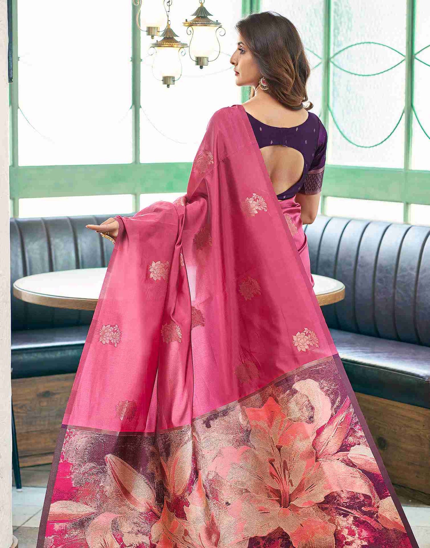 Pink Silk Floral Woven Saree