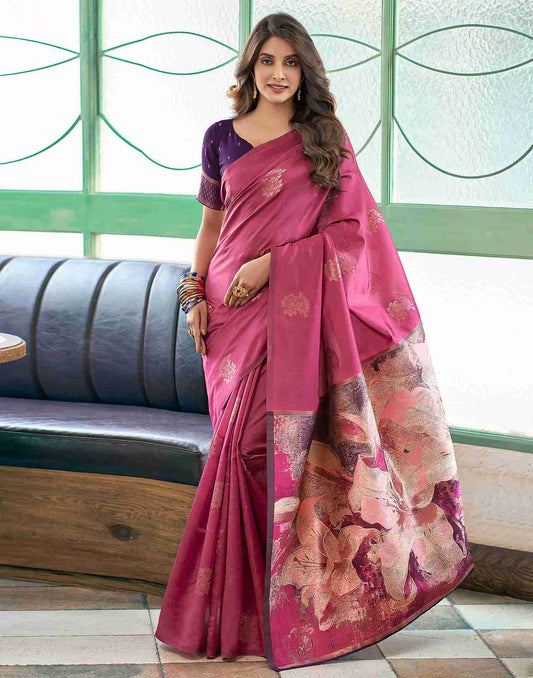 Pink Silk Floral Woven Saree
