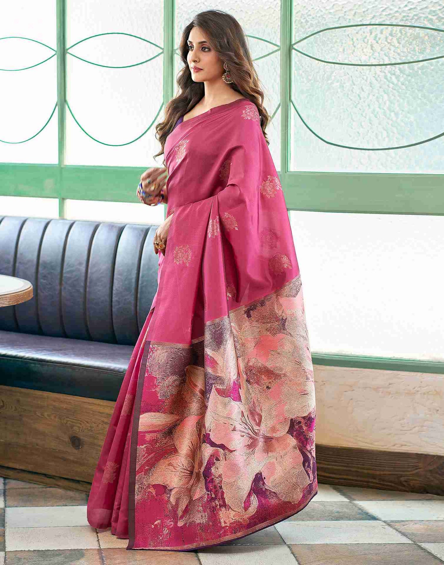 Pink Silk Floral Woven Saree