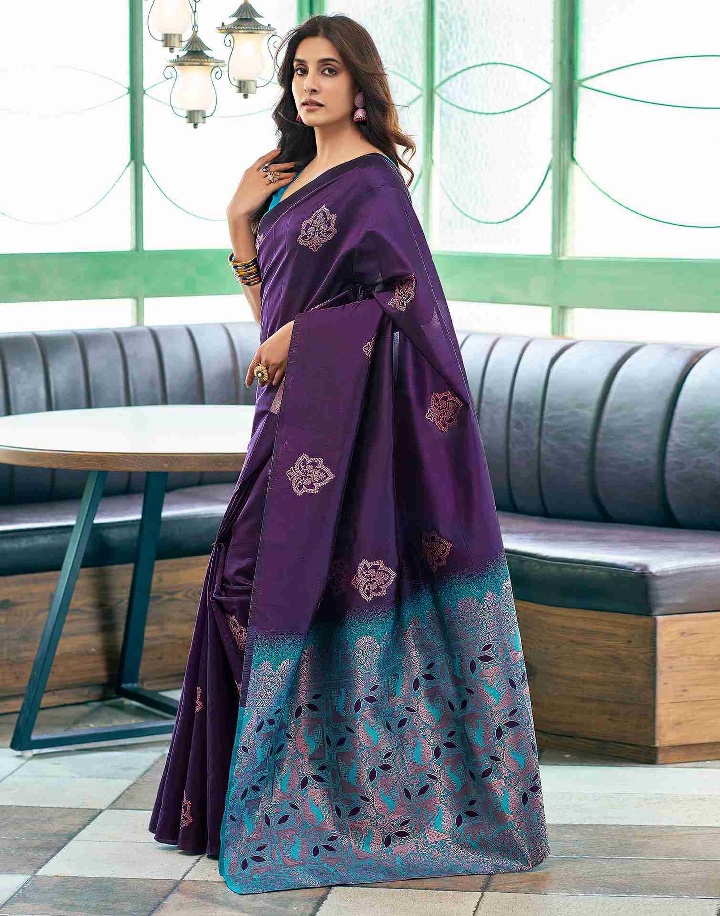 Blue And Purple Weaving Silk Saree