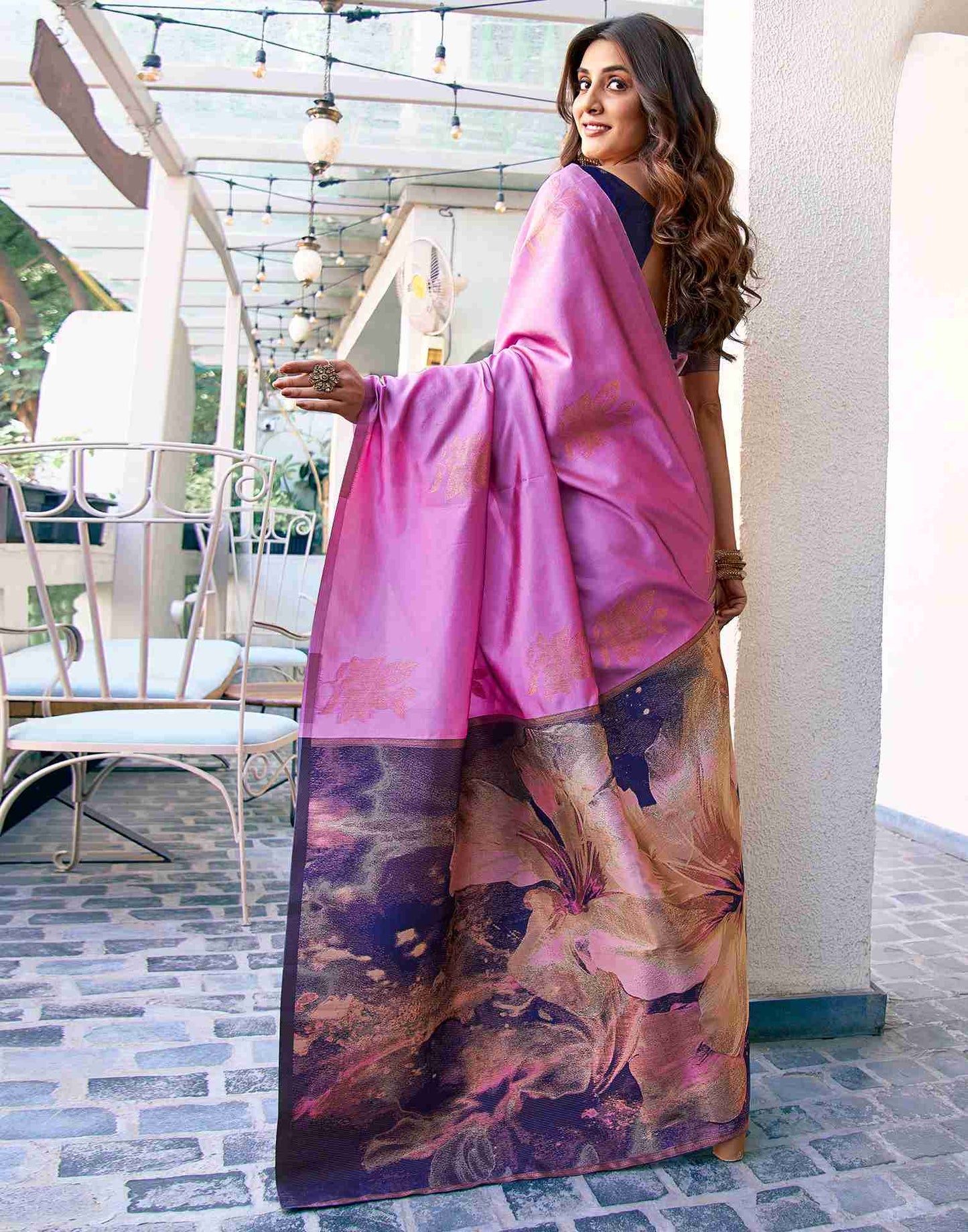 Pink And Blue Silk Woven Saree