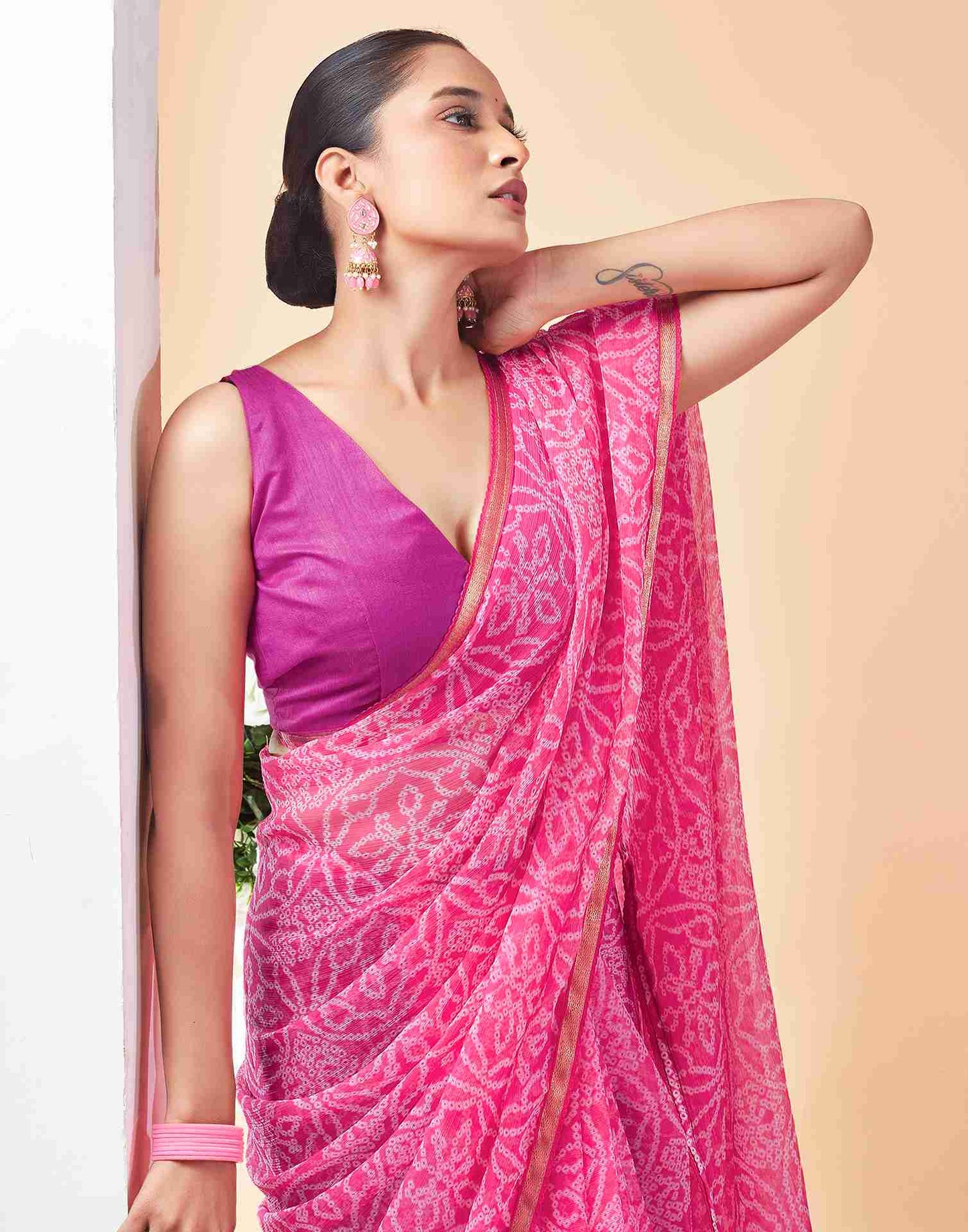 Pink Chiffon Printed Saree
