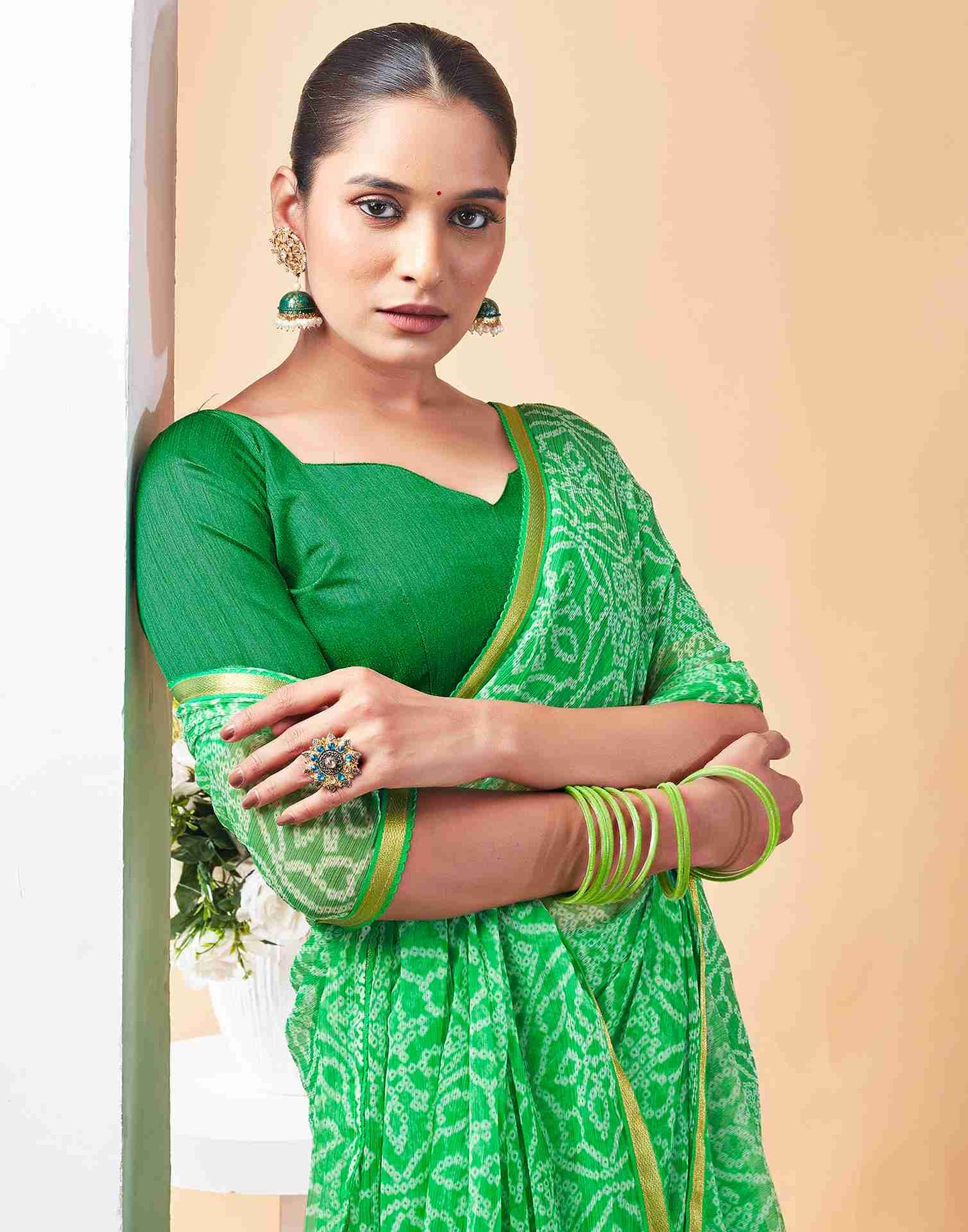 Green Chiffon Printed Saree