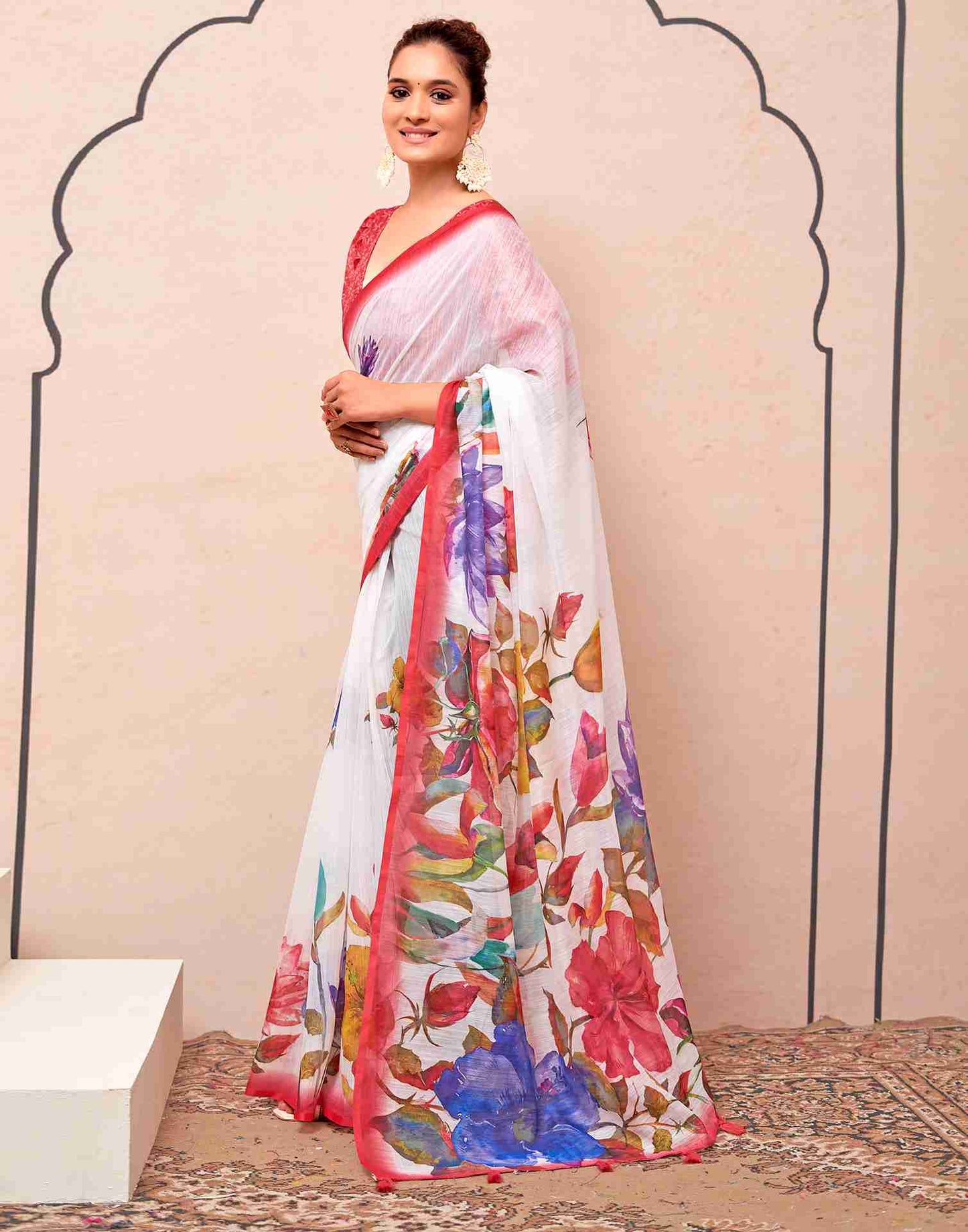 White Cotton Printed Saree