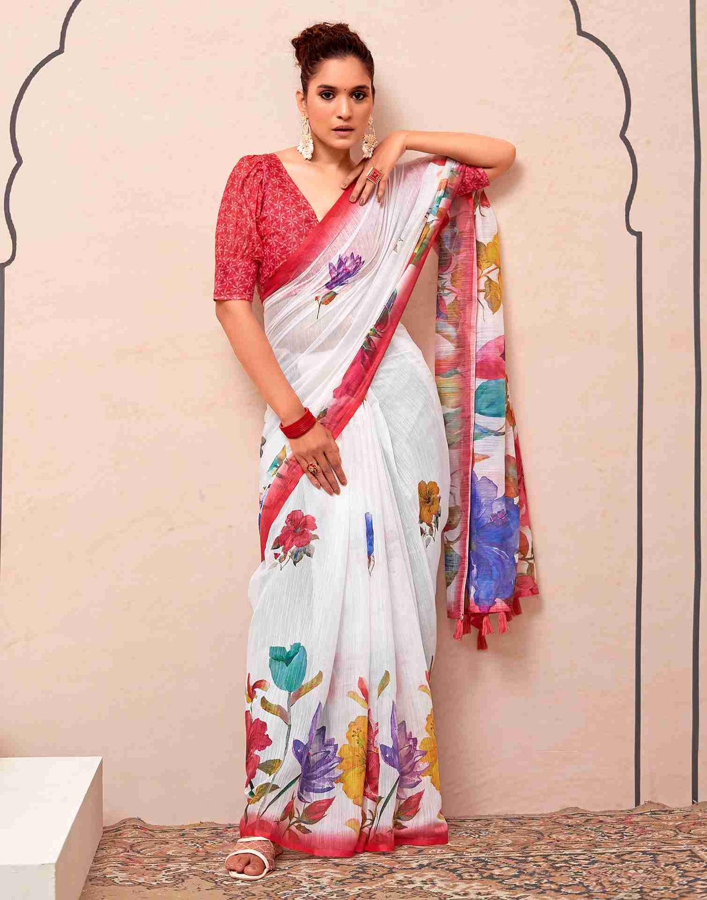 White Cotton Printed Saree