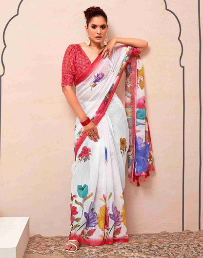 White Cotton Printed Saree