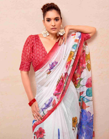 White Cotton Printed Saree