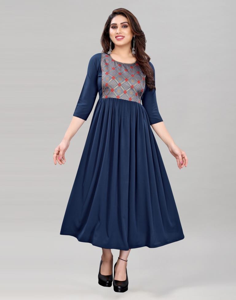 Navy Blue Coloured Crepe Plain Kurti | Leemboodi