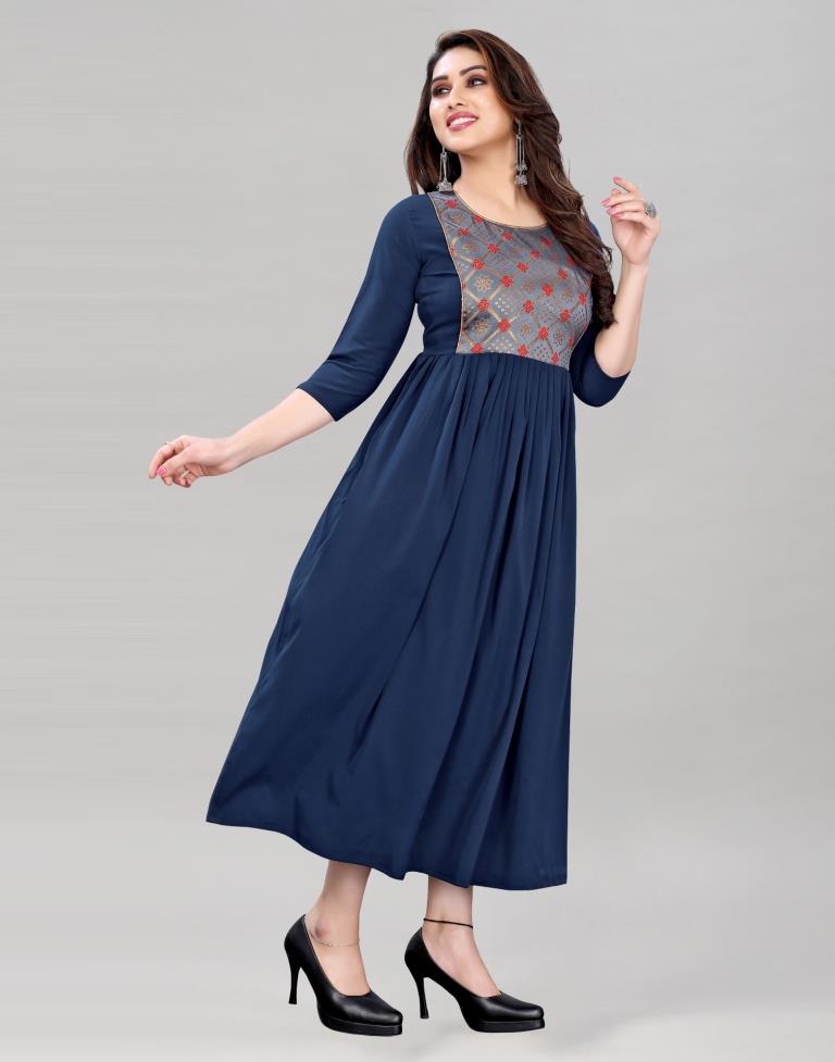 Navy Blue Coloured Crepe Plain Kurti | Leemboodi