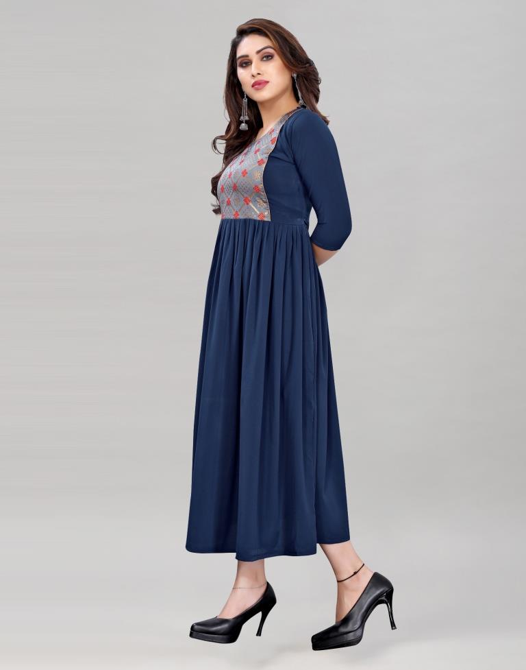 Navy Blue Coloured Crepe Plain Kurti | Leemboodi