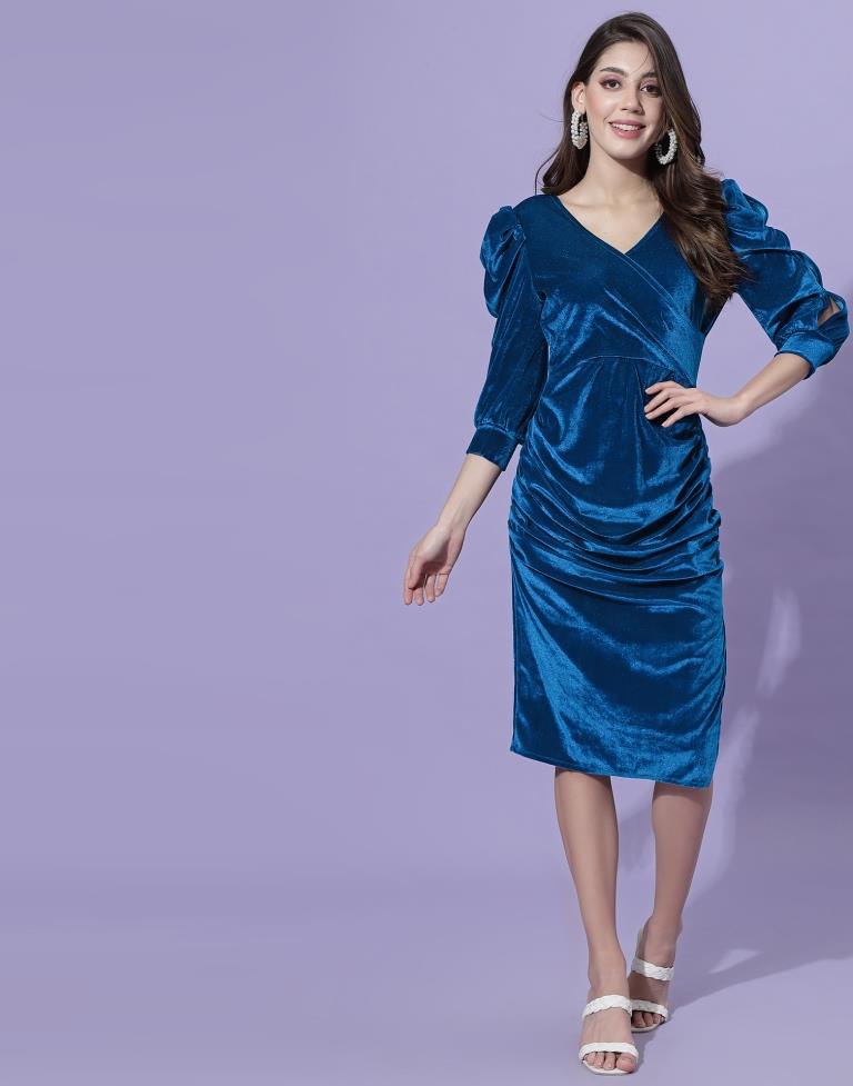 Blue Puff Sleeve Wrap Bodycon | Sudathi