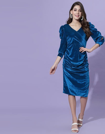 Blue Puff Sleeve Wrap Bodycon | Sudathi
