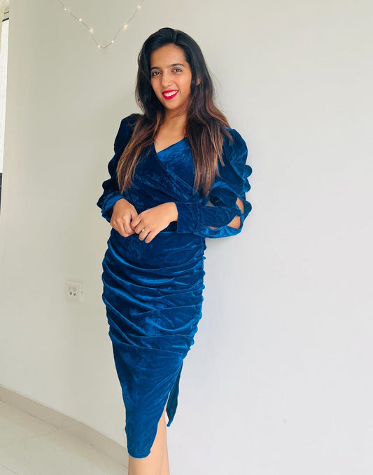 Blue Puff Sleeve Wrap Bodycon | Sudathi