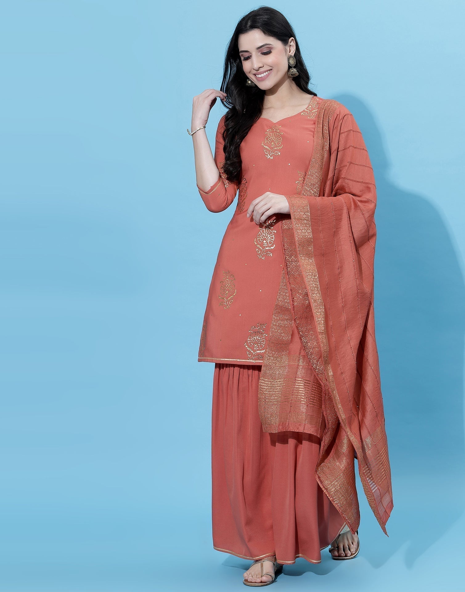 Coral Cotton Kurti With Sharara And Dupatta | Leemboodi