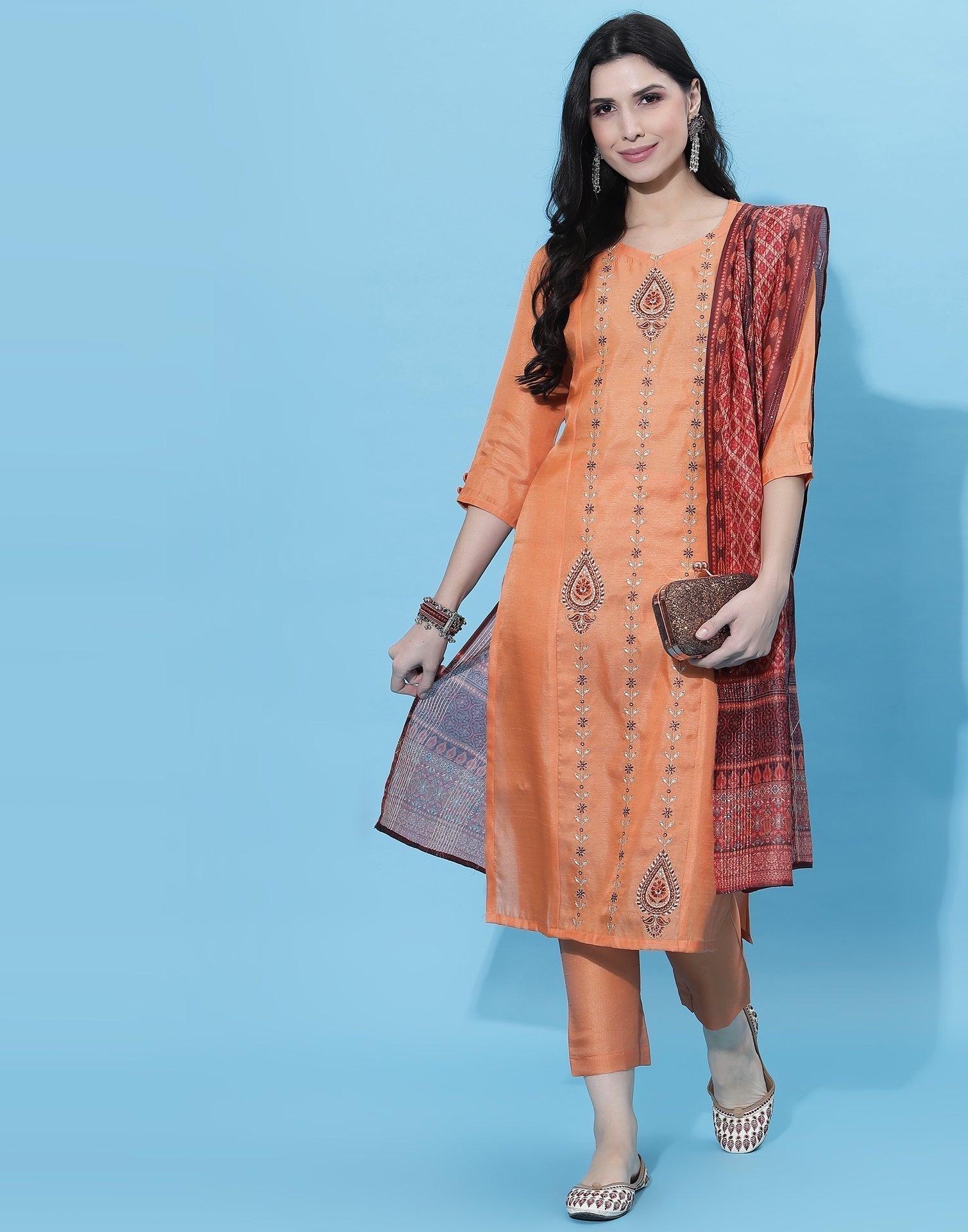 Orange Kurti With Pant And Dupatta | Leemboodi
