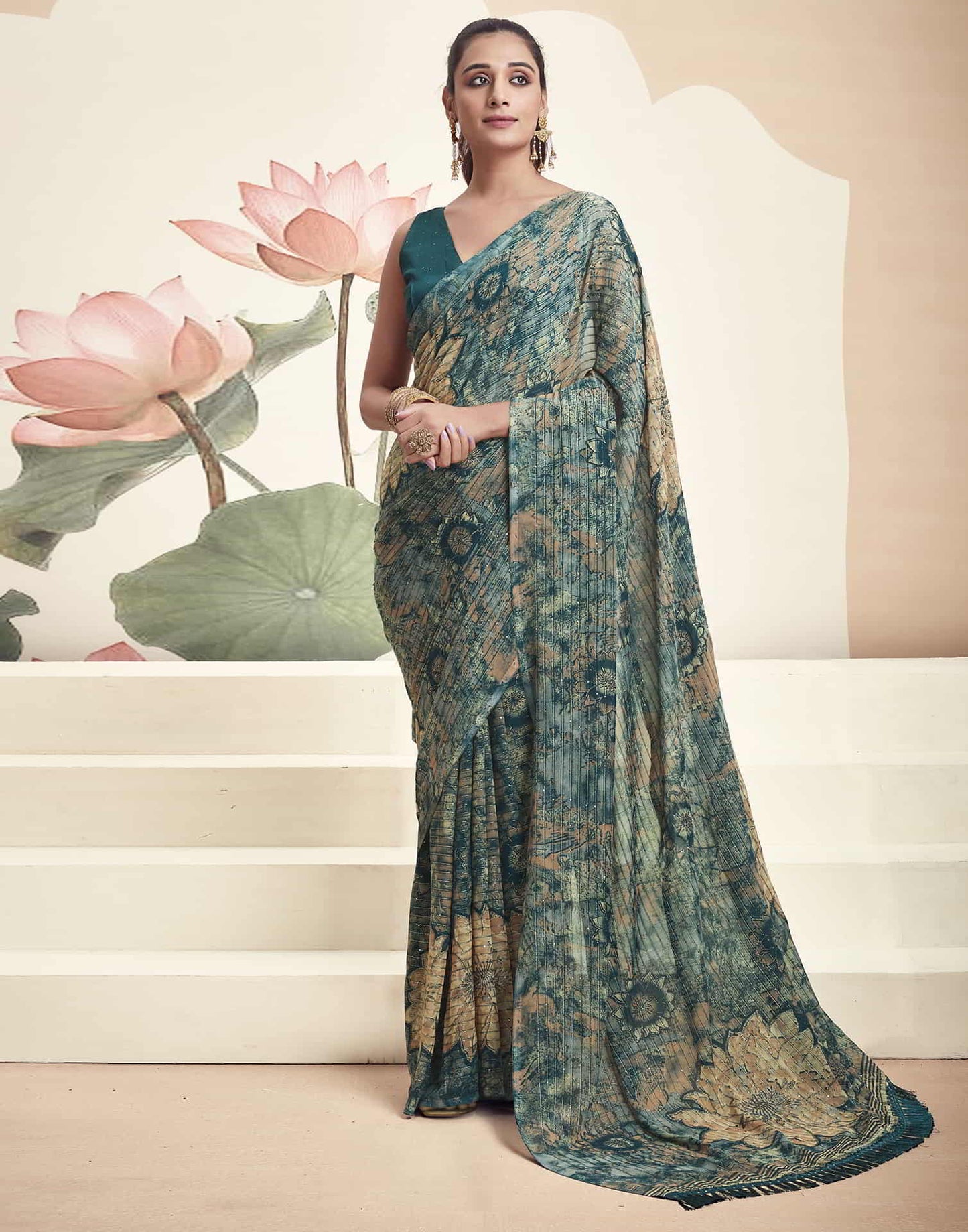 Teal Georgette Printed Saree