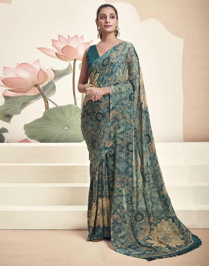 Teal Georgette Printed Saree