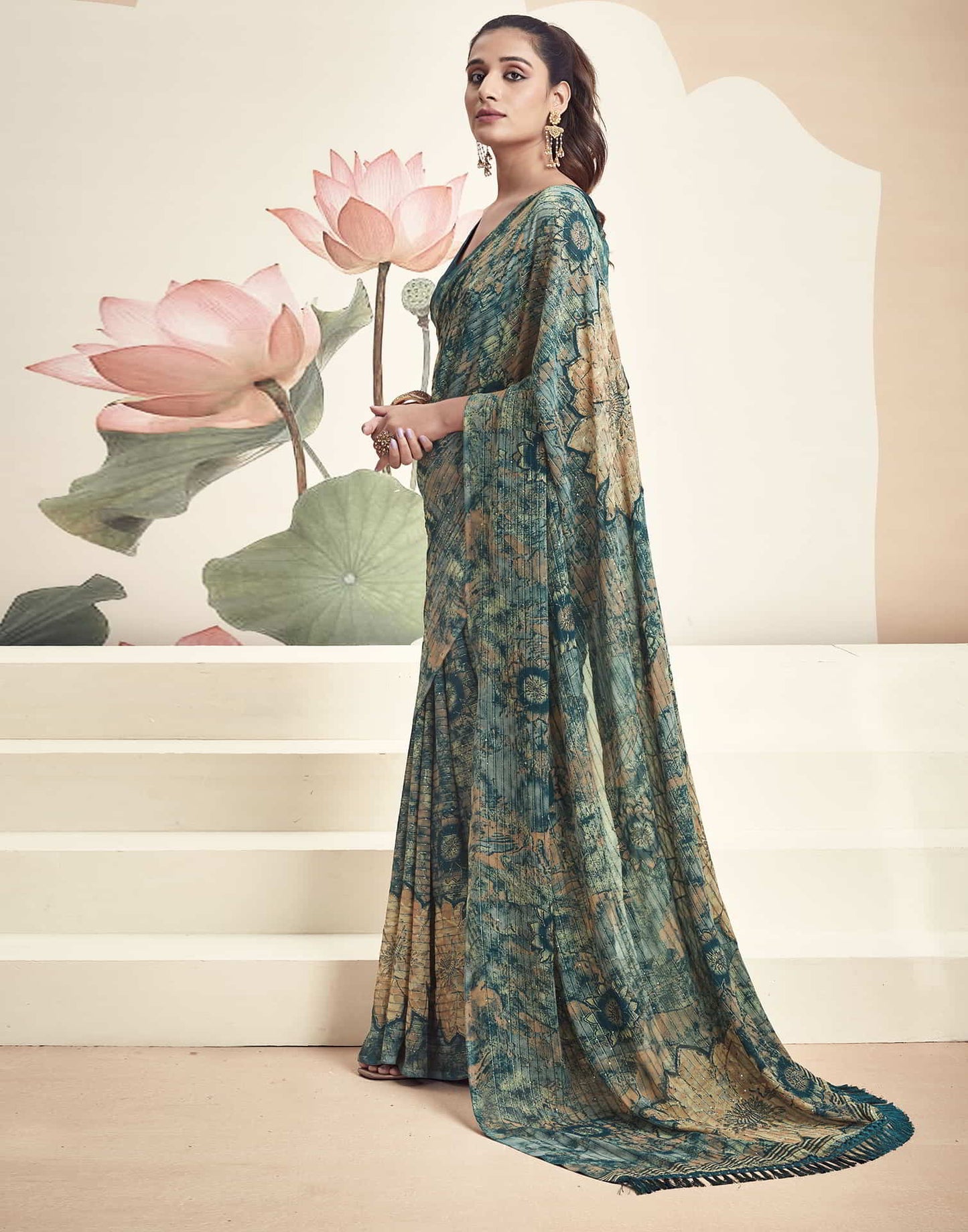 Teal Georgette Printed Saree