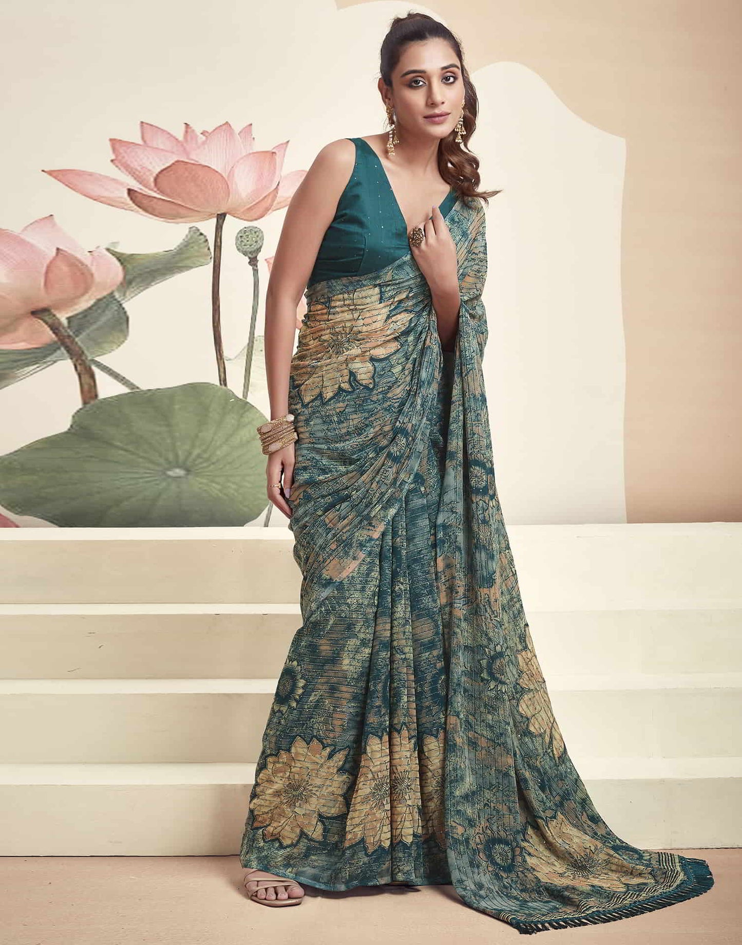 Teal Georgette Printed Saree