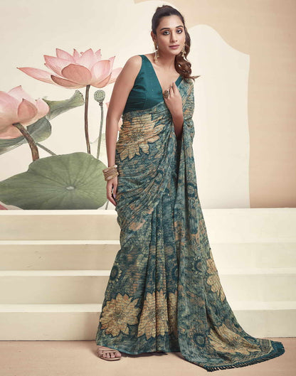 Teal Georgette Printed Saree