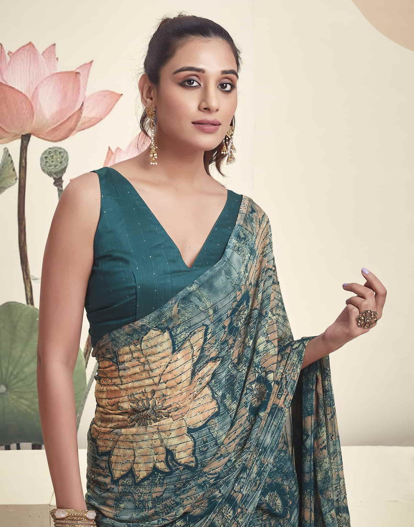 Teal Georgette Printed Saree