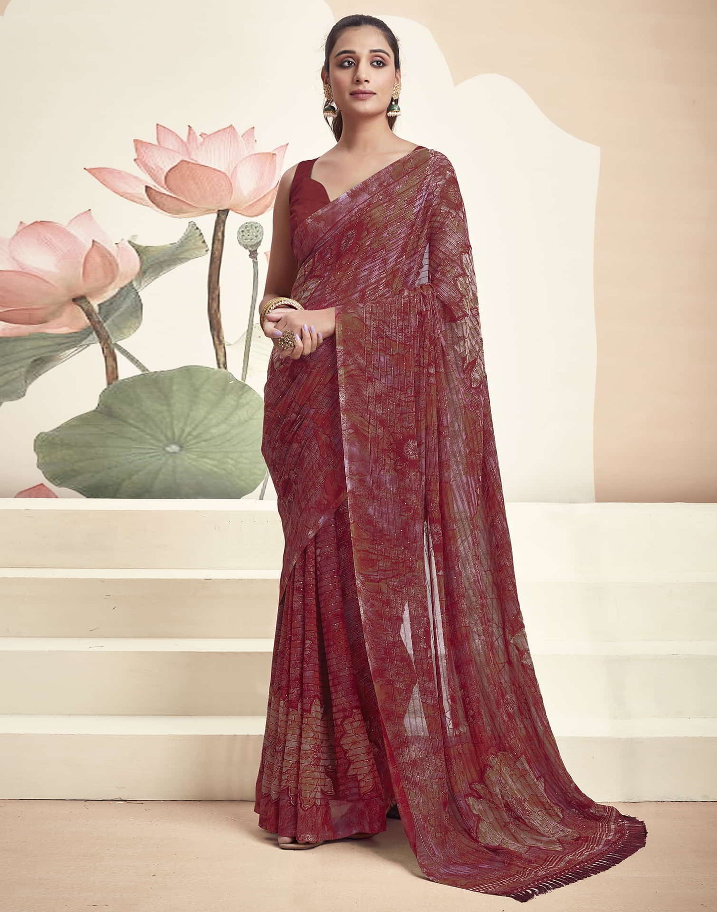 Maroon Georgette Printed Saree