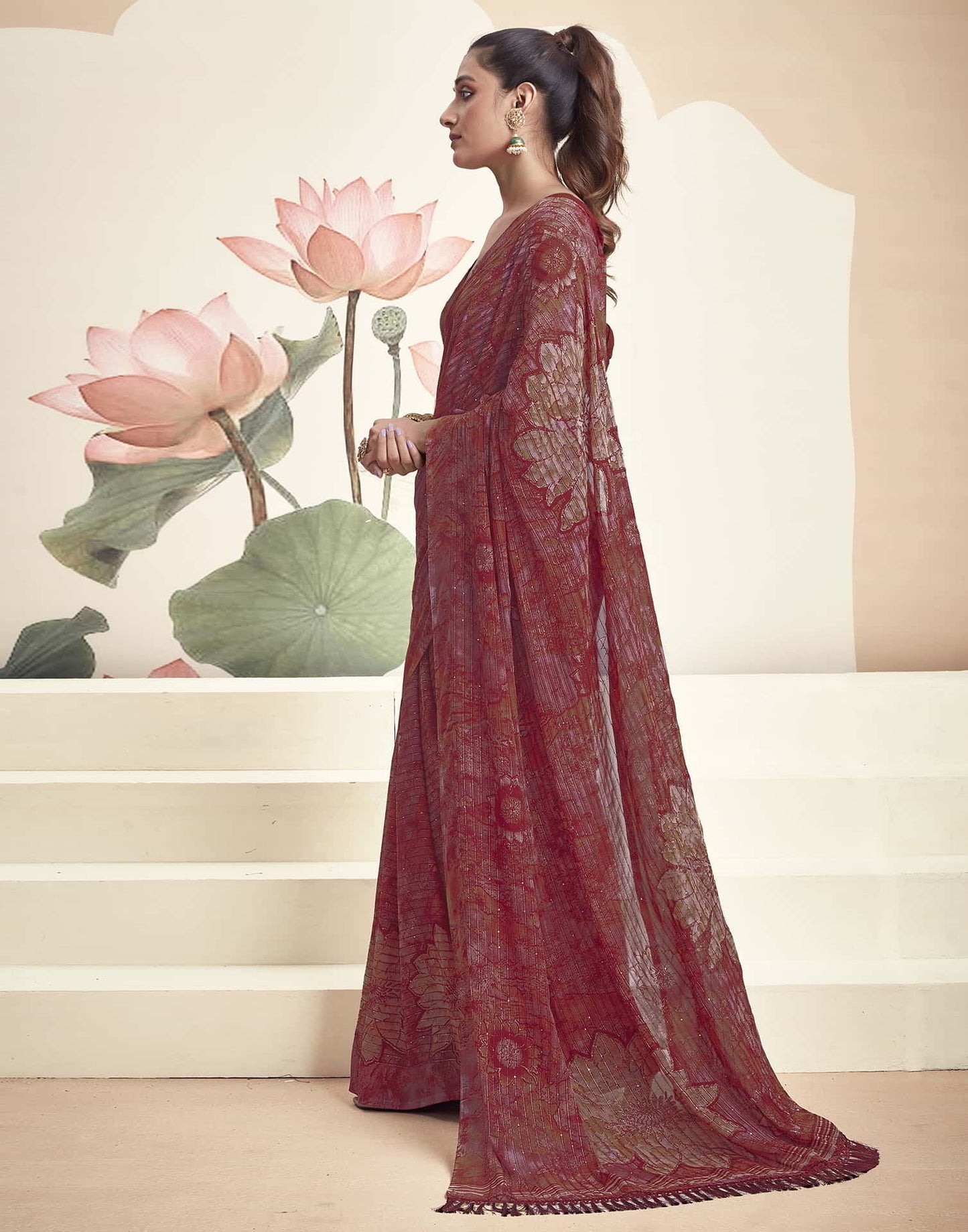 Maroon Georgette Printed Saree