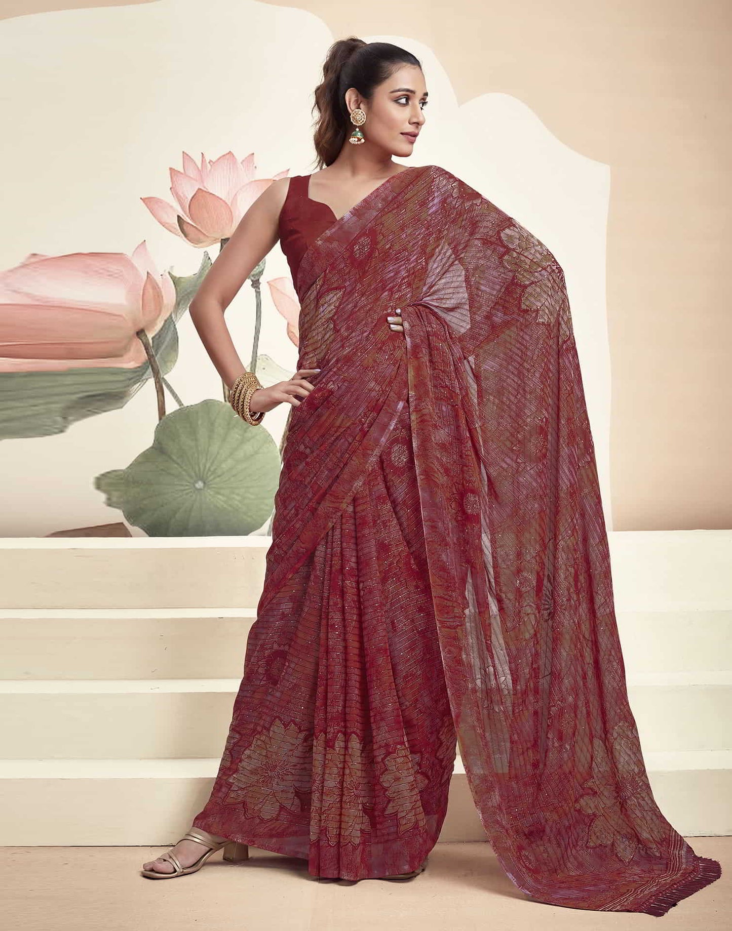 Maroon Georgette Printed Saree