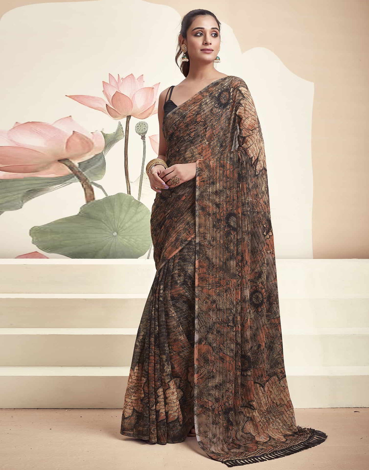 Rust Georgette Printed Saree