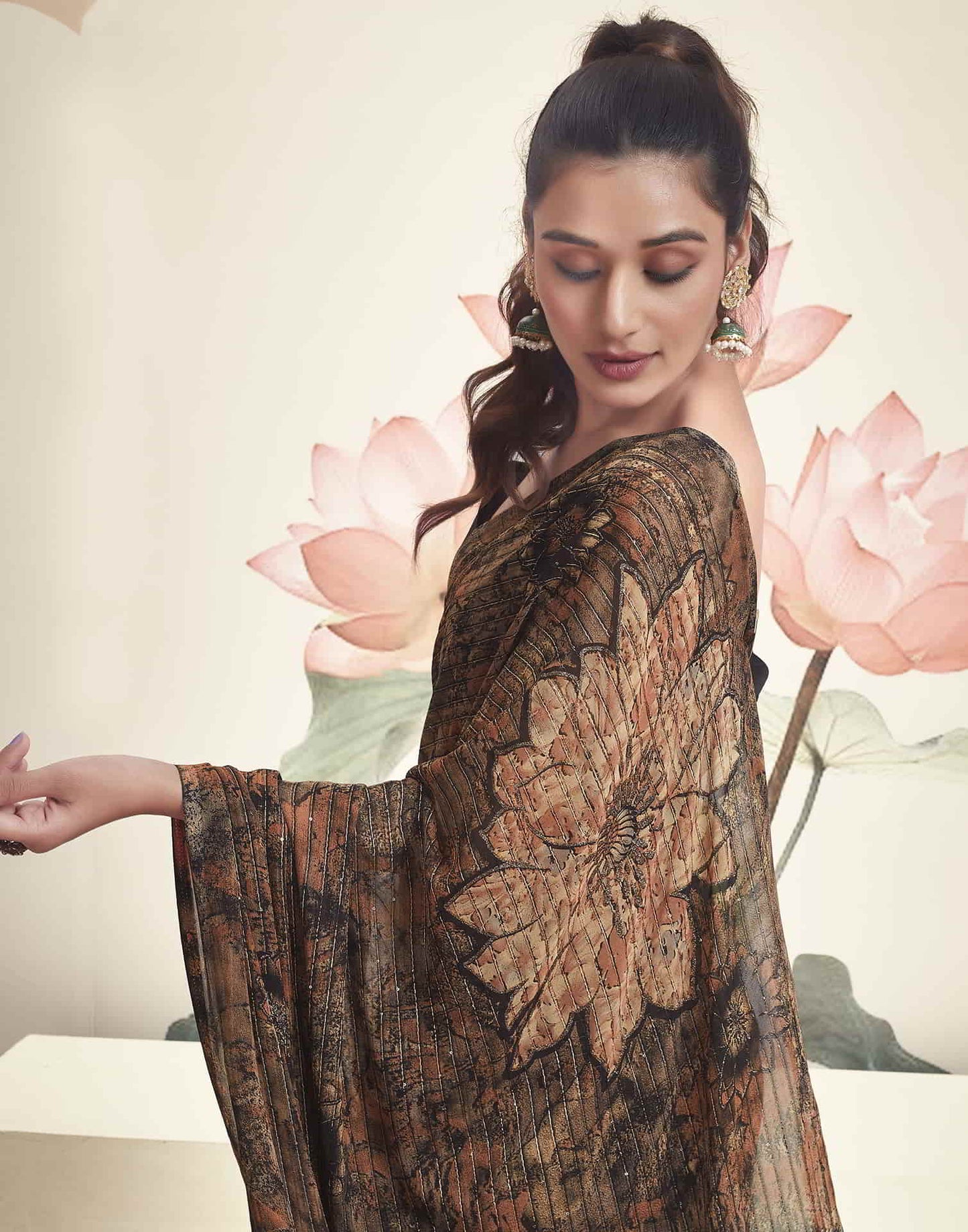 Rust Georgette Printed Saree