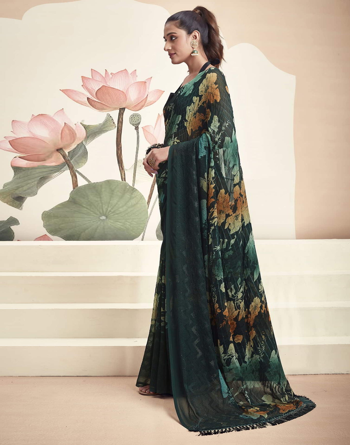 Teal Georgette Printed Saree