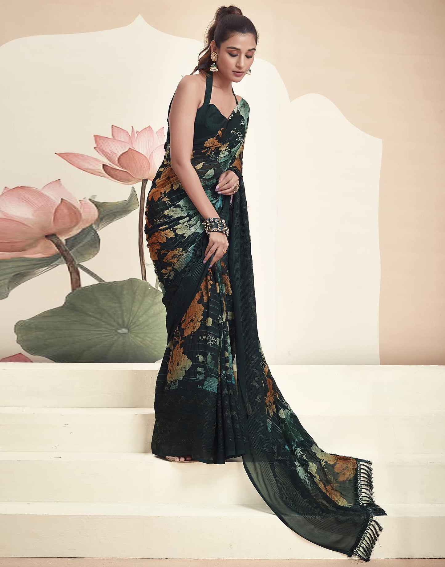 Teal Georgette Printed Saree