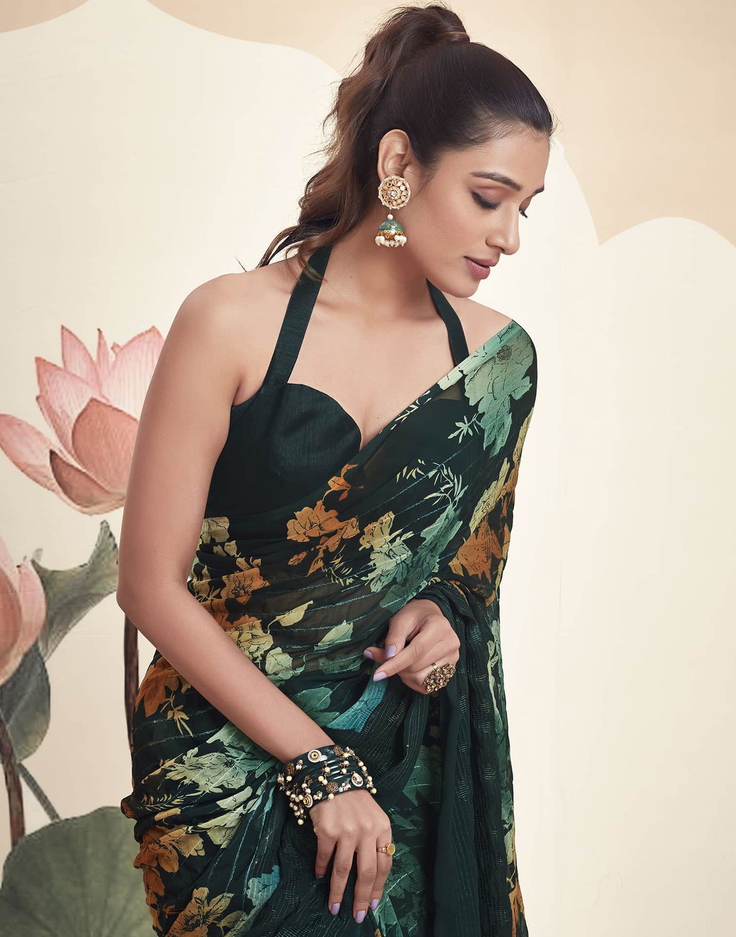 Teal Georgette Printed Saree