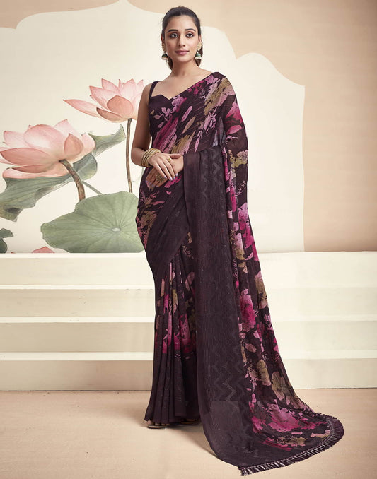 Wine Georgette Printed Saree