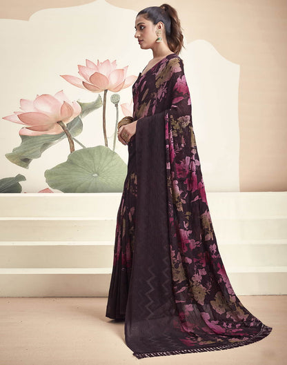 Wine Georgette Printed Saree