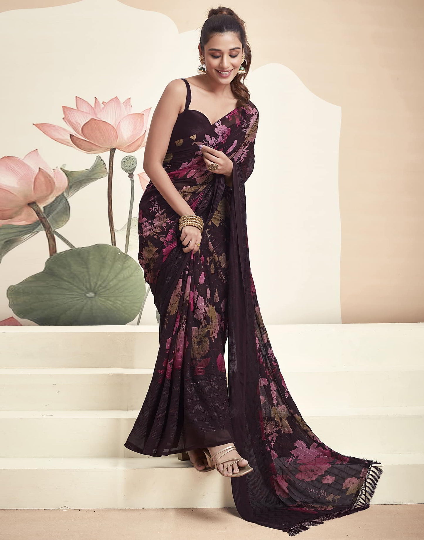 Wine Georgette Printed Saree