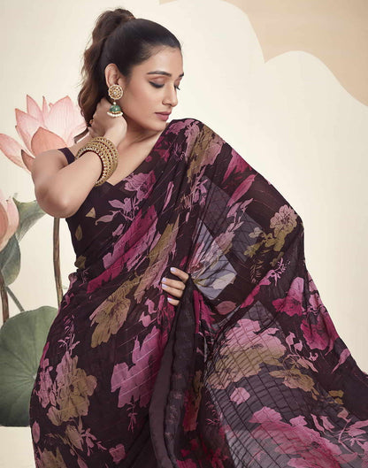 Wine Georgette Printed Saree