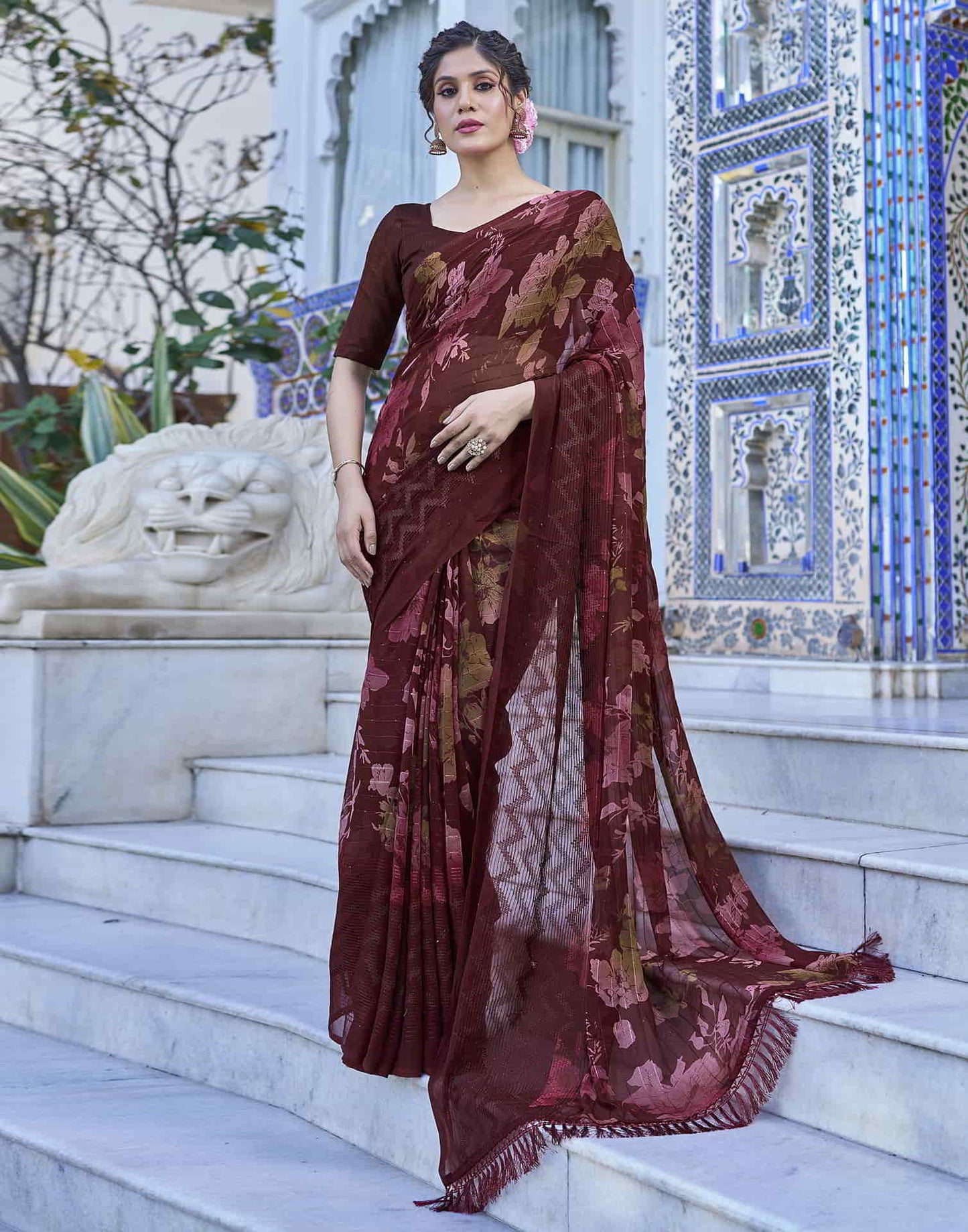 Maroon Georgette Printed Saree