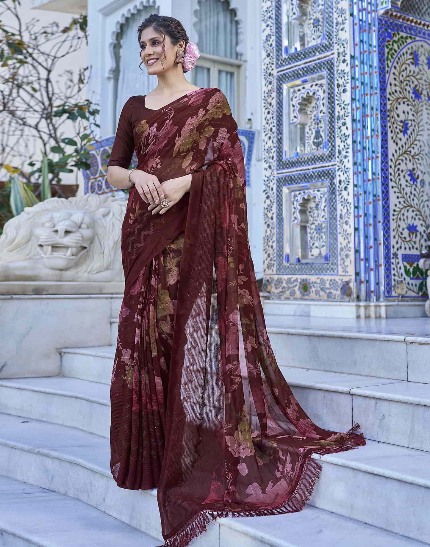 Maroon Georgette Printed Saree