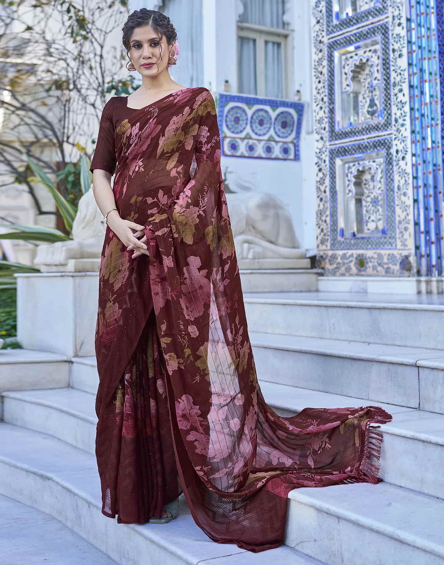 Maroon Georgette Printed Saree
