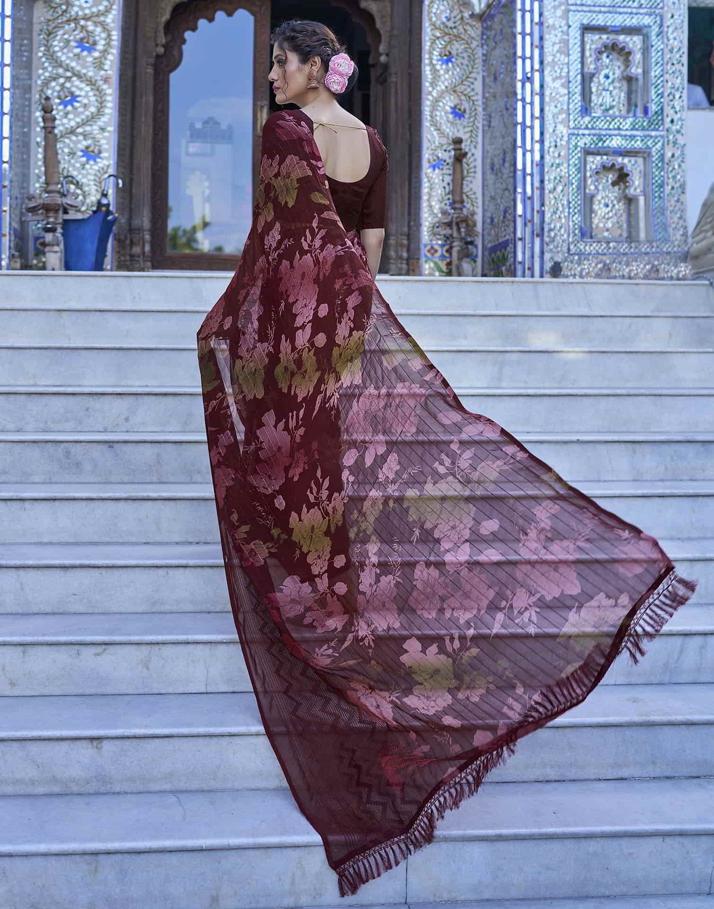 Maroon Georgette Printed Saree