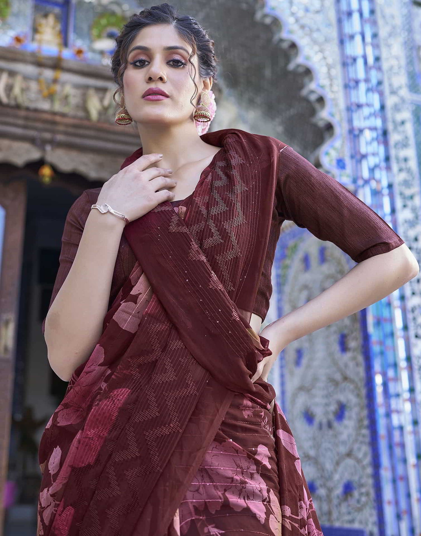 Maroon Georgette Printed Saree
