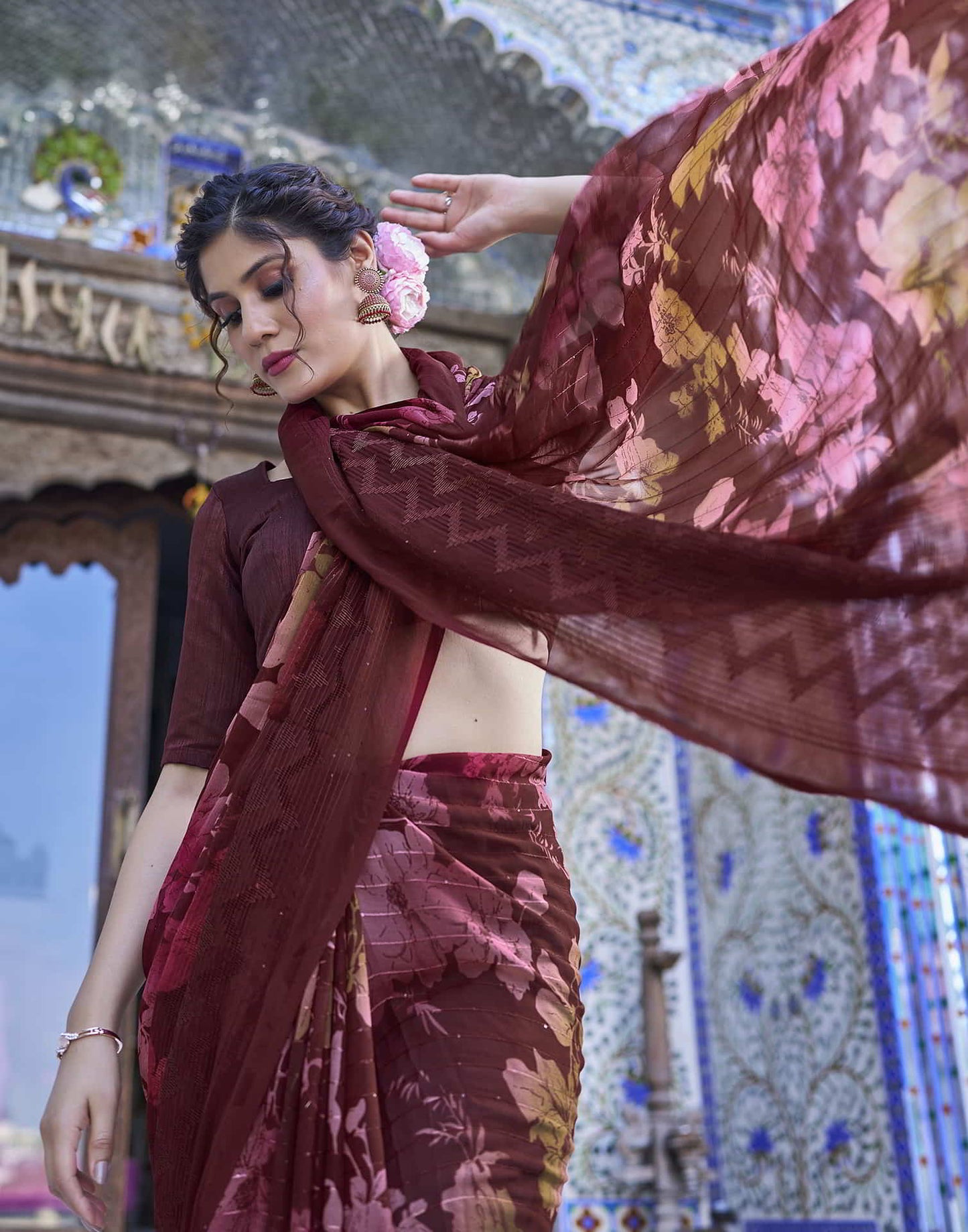 Maroon Georgette Printed Saree