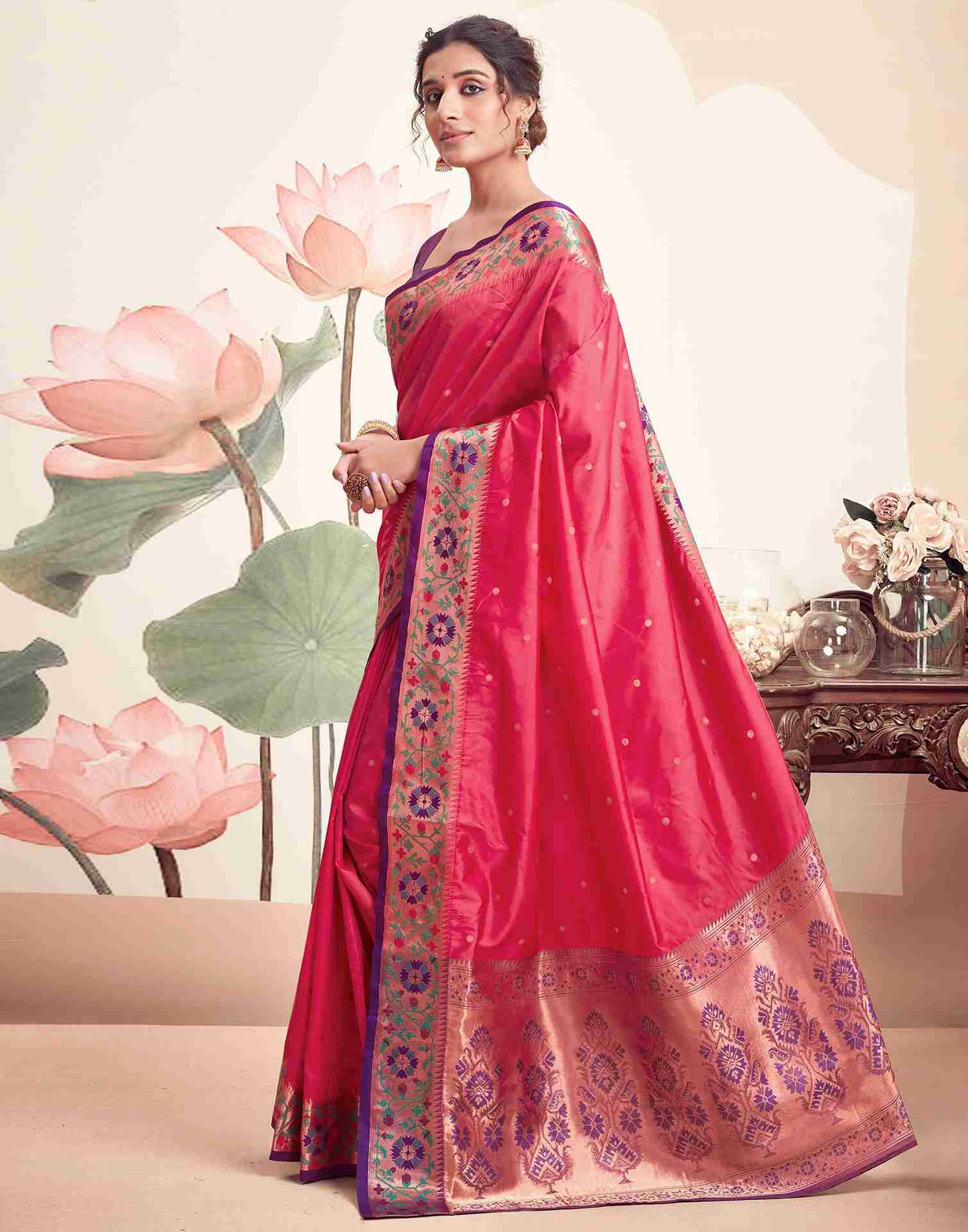 Pink Silk Plain Saree