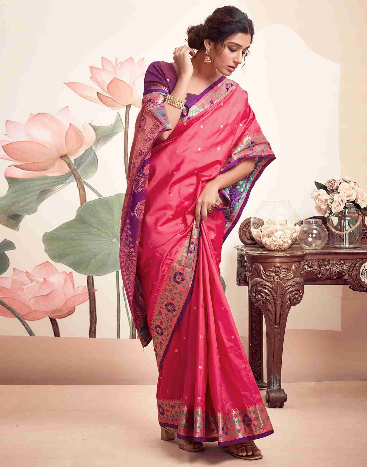 Pink Silk Plain Saree